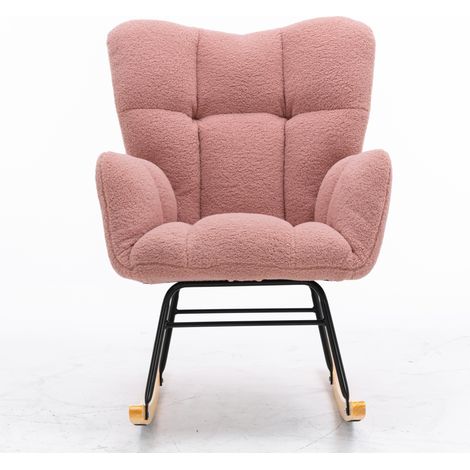 Sillón balancín moderno de tejido teddy rosa con respaldo capitoné y reposabrazos (1/5)