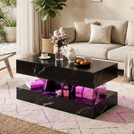Table basse effet marbre 100x50 cm, avec double tiroir et éclairage LED RGB connecté contrôle via application, meuble de salon moderne, Noir (1/5)