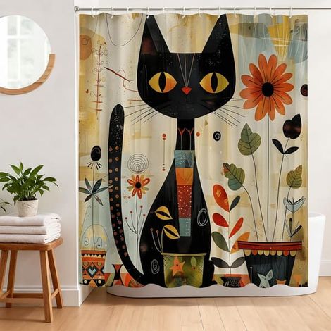 BelleRise - Rideau de douche chat bohème à fleurs, anti-moisissure, 180 x 180 cm, polyester imperméable, couverture baignoire (1/5)