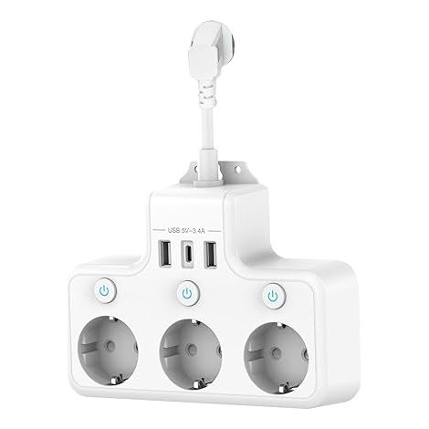 Mehrfachsteckdose mit Einzelschalter, 3-fach Steckdosenleiste mit 3 USB-Anschlüssen (inkl. USB-C), 0,1 m kurzes Netzkabel, Mehrfachladegerät für Küche und Büro, weiß (1/4)