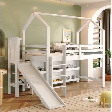 REDOM - Cama infantil 90x200 cm con tobogán, escalera y almacenaje, madera y MDF blanco (Sin colchón) (1/5)
