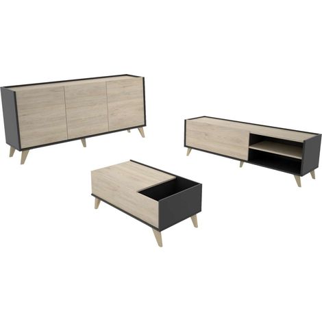 Conjunto salón Cazalilla-6: aparador, mueble TV y mesa centro acabado natural/grafito. (1/5)