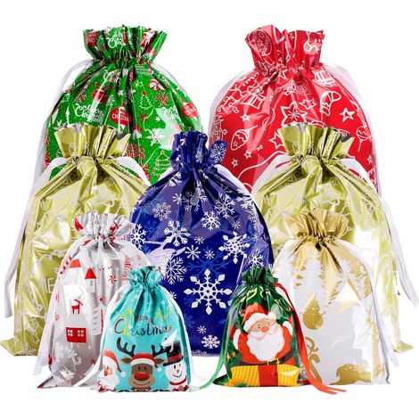 20 Sacs en Aluminium de Noël: Grands Sachet Noel avec Cordons de Serrage,Sacs Emballage Cadeaux Noël 8 Styles,4 Tailles pour Fête et Décorations de Vacances (1/5)