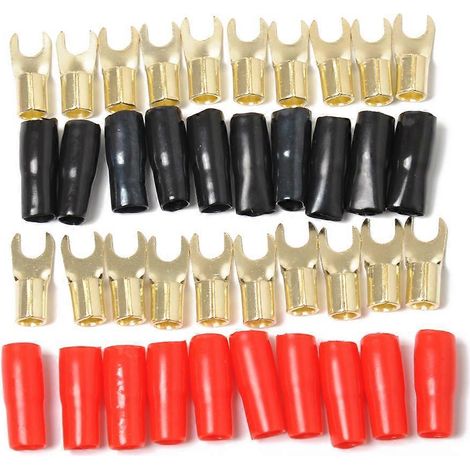 10 paires de cosses à fourche en cuivre plaqué or de calibre 8 pour câbles d'enceintes. Adaptateurs, connecteurs et fiches à sertir. (1/2)