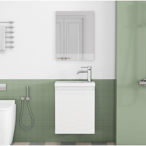 Meuble vasque mural 40 cm blanc brillant, avec vasque en céramique et miroir, MDF (1/5)