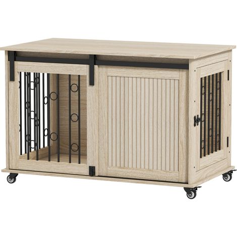 Cage chien sur roulettes porte coulissante bois acier 100x56x65 cm