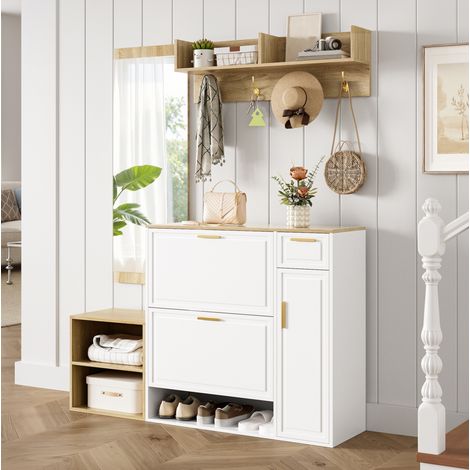 Set guardaroba da ingresso 139.5x35x166 cm bianco e naturale in pannelli di particelle con scarpiera, panca, appendiabiti e specchio (1/5)