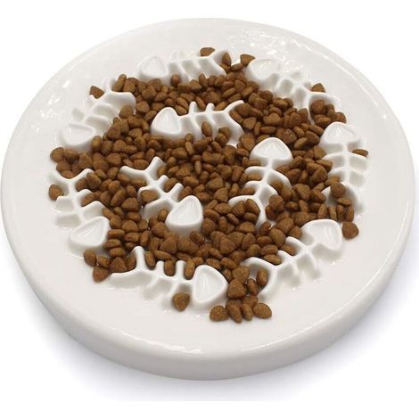 Bol pour chat à alimentation lente, plateau en céramique pour mangeoire pour chat, conception en os de poisson, interactif amusant, ralentit la vitesse d'alimentation de l'animal, prévient les ballonn (1/4)