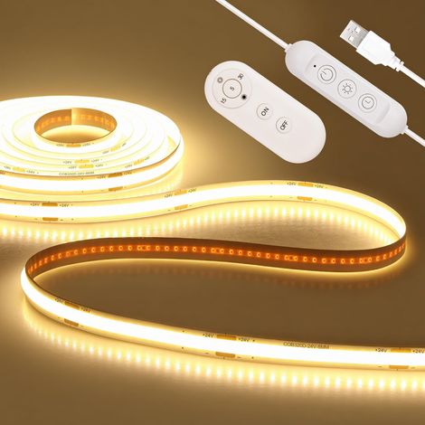 Bande LED COB USB - 2 m - Blanc chaud - Avec télécommande - 5 V - 320 LED/m - Intensité variable - 3000 K - Ruban LED flexible - Pour miroir, bureau, armoire, cuisine, TV (1/5)