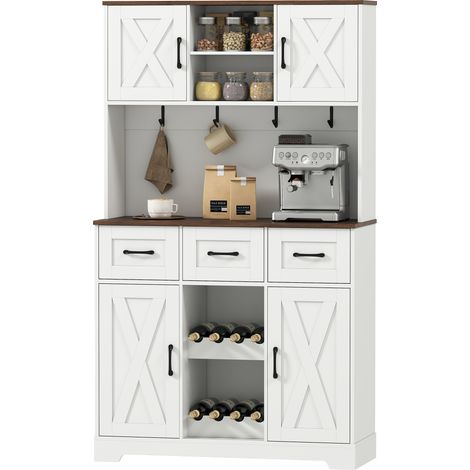 Meuble de cuisine avec casier à vin pour 8 bouteilles, 4 portes, 3 tiroirs, grand plan de travail, 100 x 38 x 172 cm, blanc (1/5)