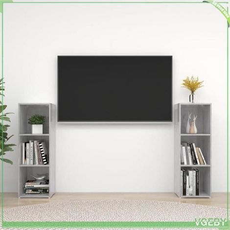 Meuble TV - 3079911 - Gris béton - Bois d'ingénierie - 3 compartiments, posable horiz./vert. (1/5)