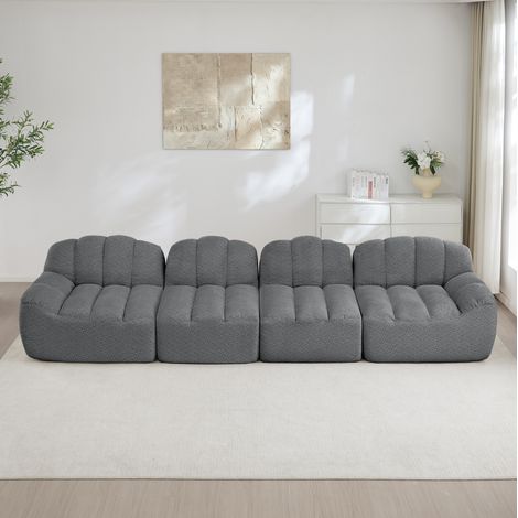 Canapé modulare 4 posti in tessuto effetto fleece granulato grigio, senza struttura, con pouf componibile (1/5)