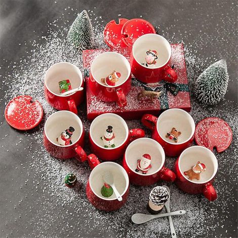 Ensemble de tasses de Noël en céramique avec couvercle et cuillère, ornées de figurines du Père Noël. Nouveau design de couvercle. Style Noël. Idéal pour le bureau ou la maison. Tasse à café au lait. (1/5)