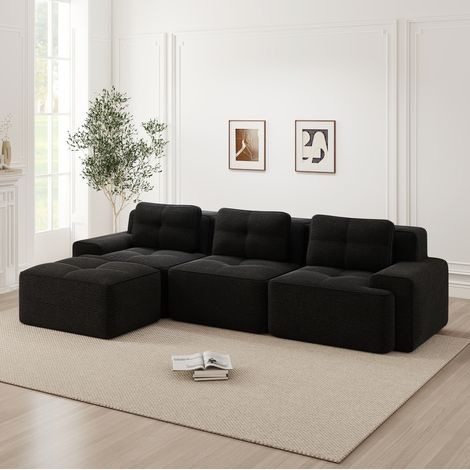 Divano modulare 3 posti 74x profondità seduta nero in velluto a coste con pouf, senza montaggio (1/5)