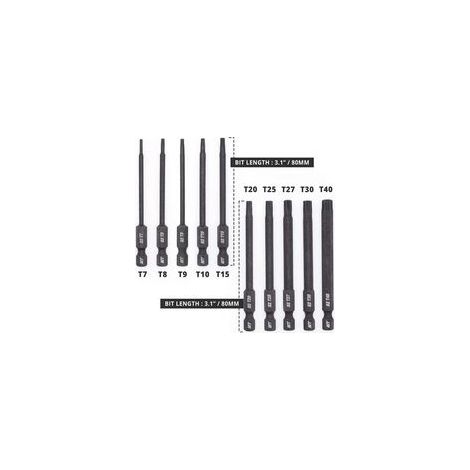Jeu d\'embouts Torx pour tournevis, perceuses et cls chocs, rsistant la temprature, traitement thermique avanc, revtement phosphat, 8 cm, 10 pices (1/3)