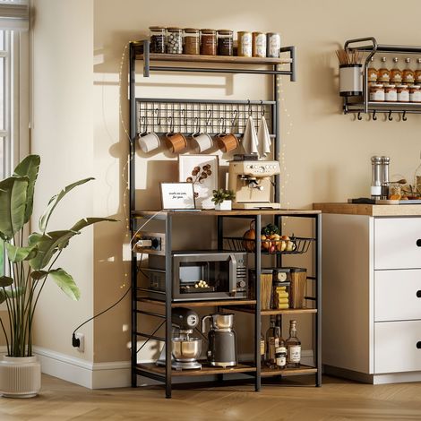 Étagère de cuisine 80x42x162 cm avec trois prises et lumières LED industrielles avec étagères micro-ondes Rustic Brown