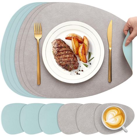 Tischsets und Untersetzer, ovale Tischsets, 6er-Set, waschbar, doppelseitiges zweifarbiges Leder, rutschfeste Tischsets, leicht zu reinigen (Hellgrau/Himmelblau, ovales 6er-Set)