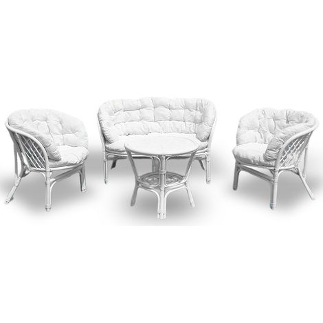 Okaffarefatto – Salon de jardin en bambou avec coussins blancs – Canapé 2 places 110x62cm – Table ronde osier diamètre 60cm – Hauteur 55cm (1/4)