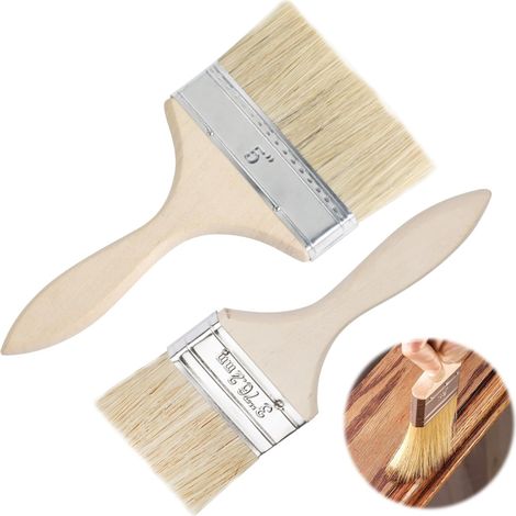 2 pinceaux plats 70/115 mm manche bois, poils naturels, pour vitrifier, vernir, lasure, peinture murale (1/5)