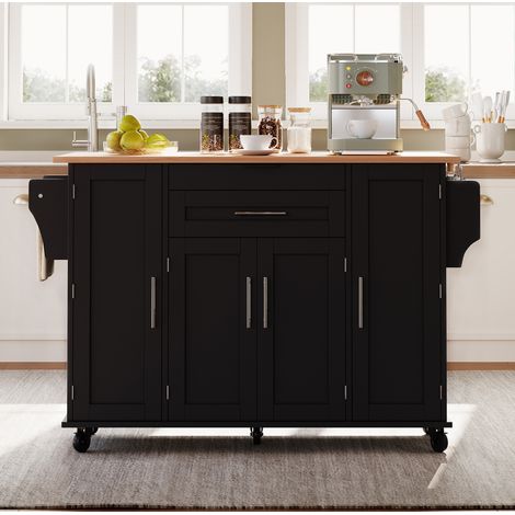 Isla de cocina con ruedas, 136 x 70 x 92 cm, encimera extensible, negro/natural HAVRYA (1/5)