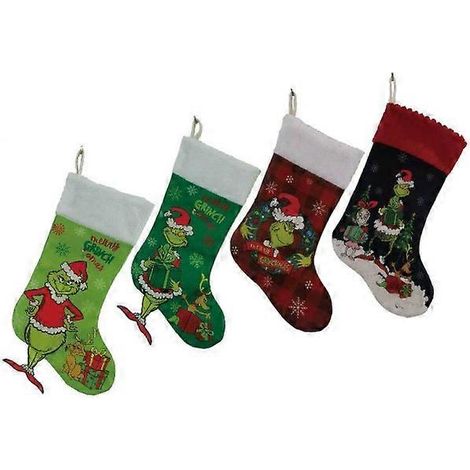 Ensemble de 4 bas de Noël Grinch, sac cadeau de Noël monstre Grinch, décoration de cheminée amusante à suspendre (1/5)