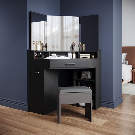 ELEGANT Modern Corner Dressing Table with Mirror, 3 Open Compartments and 2 Drawers, Silver Metal Armrests, Black Single Table with Stool