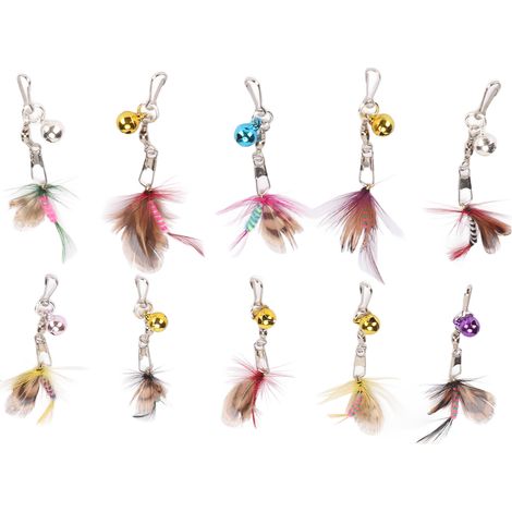 Lot de 10 plumes de rechange pour baguette à chat, accessoires pour jouer avec les insectes volants mignons et attrayants, avec clochette et crochet. (1/5)