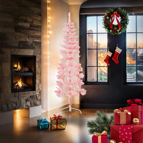 Demi Sapin de Noël Arbre de Noël artificiel mince avec support Rose 180 cm (1/5)