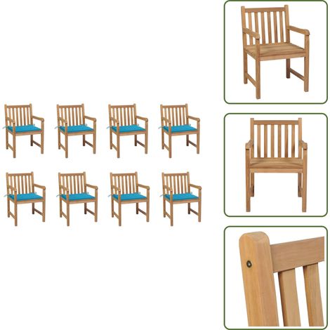 Gartenstühle 8 Stk. mit Blauen Kissen Massivholz Teak - Gartenstühle - Teakholz Gartenmöbel - Outdoor Möbel - Gartengeräte - Balkonmöbel (1/5)
