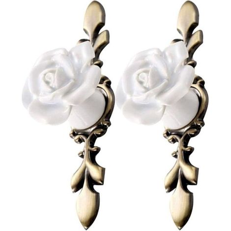 2Pcs Boutons de Meuble à Fleurs en Céramique Vintage Rose Forme Armoire Tire Poignée de Porte pour Meubles de Placard de Cuisine (Bronze Blanc) (1/4)