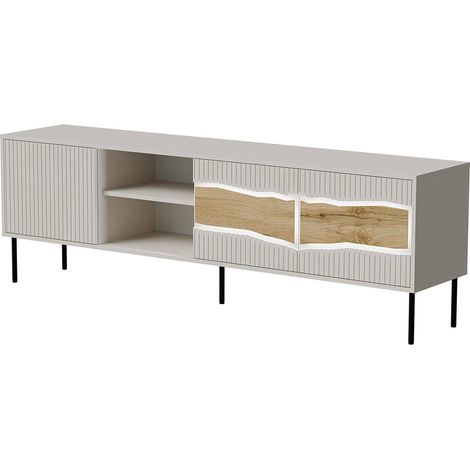 Luvinate TV-Ständer, Wohnzimmer-Sideboard mit drei Flügeltüren und zwei Fächern, mit LED-Beleuchtung, vom Boden abgehoben, 190x40 h62 cm, Beige und Eichenknoten (1/5)