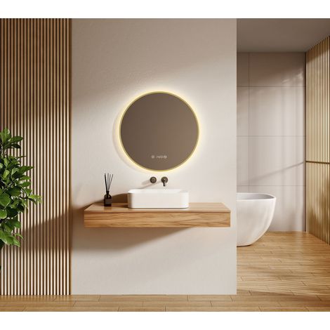 EMKE Badezimmerspiegel 60cm Rund Gold LED Badspiegel mit Antibeschlag Uhr 4300k Touch-Schalter Memory-Funktion