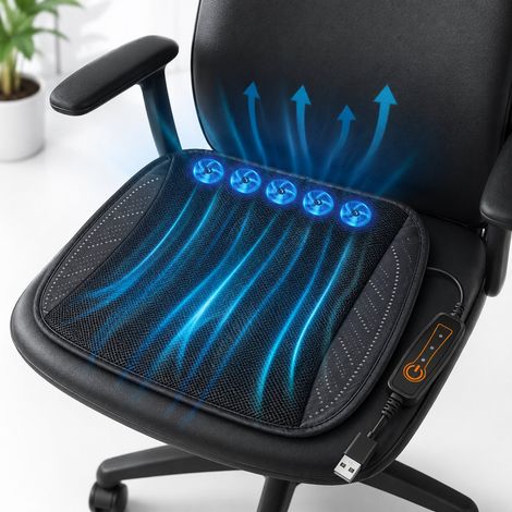 Cuscino rinfrescante e ventilato per sedile auto, con 5 ventole USB, tappetino in rete traspirante, 3 velocità, 12V/24V, per auto e casa. (1/5)