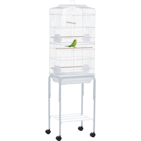 Cage à Oiseaux Volière sur Pied Roulettes Toit Ouvrant 3 Perchoirs Étagère 46,5×36×157cm