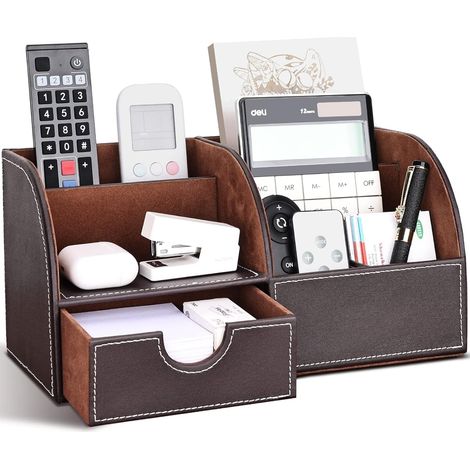 Organisateur de Bureau Multifonctions Pot a crayon en Cuir Rangement Bureau Organisateur avec tiroir (L-Marron) (1/5)