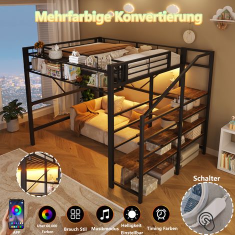Lit superposé 140x200 cm, cadre en métal noir, échelle avec étagère de rangement, panneaux à grille, panier de stockage, espace ouvert sous le lit, bandeau LED intégré, sans matelas. (1/5)