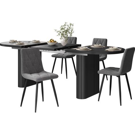 CHICFURN Ensemble table à manger extensible 120-160 cm avec 4 chaises, table ovale noire en MDF et métal, chaises en tissu gris pour salle à manger (1/5)