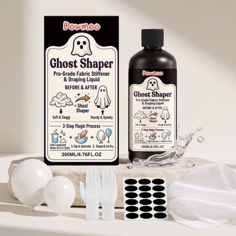 Geisterhafter Weichmacher für DIY-Bastelarbeiten, Stoffhärter, Halloween-Dekorationsmaterial, Textilfixierflüssigkeit – 200 ml1, Gaze1, Nitrilhandschuhe2, schwarze Klebestreifen1, weiße Luftballons3 - (1/5)