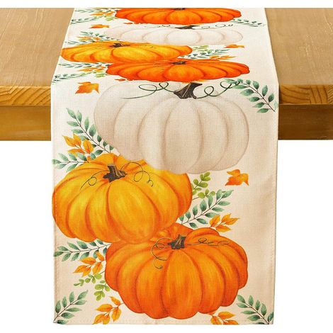 Chemin de table à motifs citrouille et feuilles d'érable pour la cuisine, la salle à manger, les fêtes et la décoration de table basse - 30 x 180 cm (polyester) - Style 8