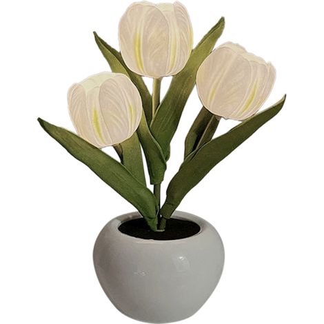 Veilleuse LED blanche à trois tulipes avec base en céramique (fonctionnant sur piles), lampe de chevet effet plante en pot, cadeau idéal pour une amie, lampe de table girly style Instagram (1/2)