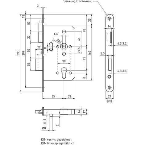 BMH Dreifallenhauptschloss 1020 PZ, links, rund, Dorn 65 mm, Edelstahl