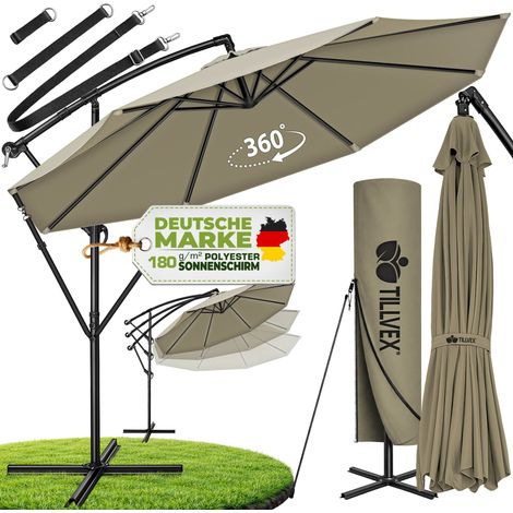 tillvex Sonnenschirm Braun Ø 300 cm Ampelschirm Gartenschirm Marktschirm Kurbel Balkon Alu Neigbar