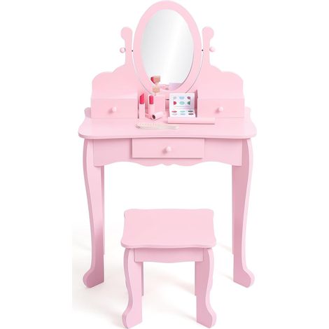 Coiffeuse Enfant Fille Princesse avec Miroir et Tabouret - Bureau 2-en-1 avec 3 Tiroirs - 4 à 9 Ans - Rose (1/5)