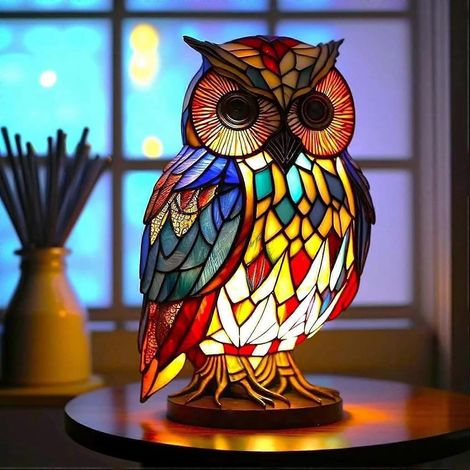 Lampe de table en vitrail en forme d'animal de chevet marocaine veilleuse de peinture bohème décoration de de hibou (1/3)