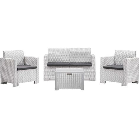 Salotto da esterno in rattan stampato 2 poltrone con tavolo e divano con 2 posti tavolino e cuscini Nebraska - Bianco (1/4)