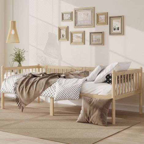 Tagesbett 90x200 cm aus Kiefernholz in Natur mit 3-seitigem Geländer und 14 Latten (1/5)