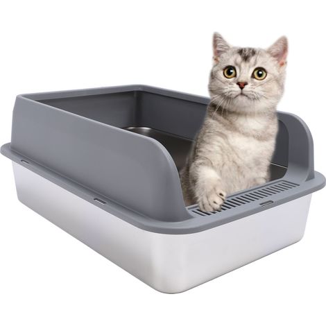 Bac à litière en acier inoxydable anti-éclaboussures sans odeur facile à nettoyer côtés hauts chat semi-fermé avec couvercle pour grands chats gris foncé extra large : 60 x 40 10 cm / 23,6 15,7 3,9 po (1/5)
