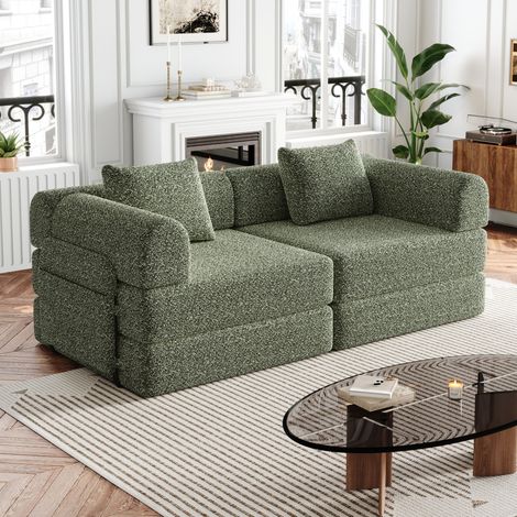 Fauteuil convertible 2 en 1 en chenille verte avec rangement dans l’accoudoir et structure acier,183,8x91,4x69,8 cm (1/5)