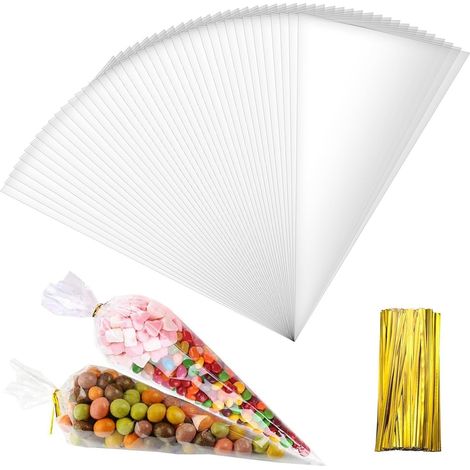 100 Pieces Clear Candy Bags Cone Bags Transparent Cellophane Bags with Gold Ribbon Cone Candy Candy Pouch Candy Bag for Wedding Party Birthday Festivals (1/5)