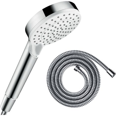 HANSGROHE Crometta EcoSmart Rociador de 2 chorros blanco/cromo + flexo de ducha HANSGROHE Metaflex cromado 1,60 m